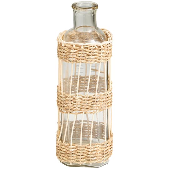 15" Clear Glass Handmade Vase with Light Brown Rattan Woven Body
